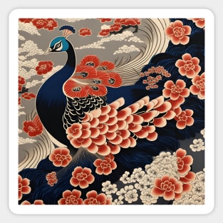 Blue and red peacock kimono pattern Sticker